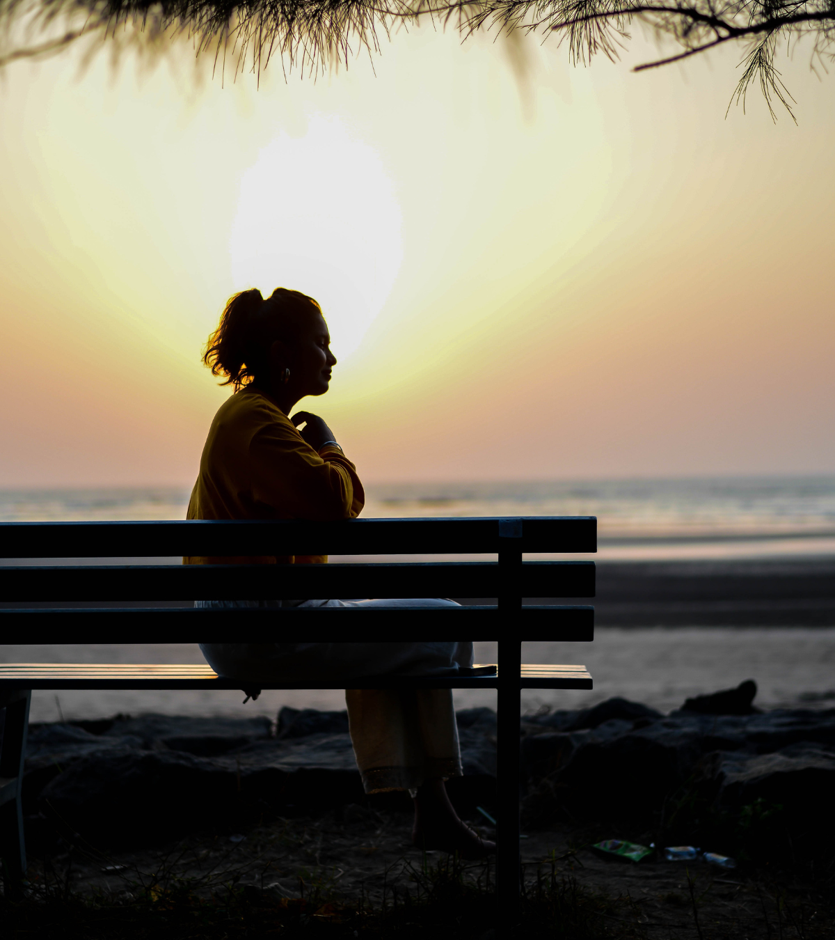 IV Therapy Contact Image Silhouetted person sitting on a bench by the ocean at sunset, framed by pine branches and glowing sky. Featured on the Mind Rejuvenation Treatments page to evoke reflection, emotional healing, and the peaceful journey toward wellness.