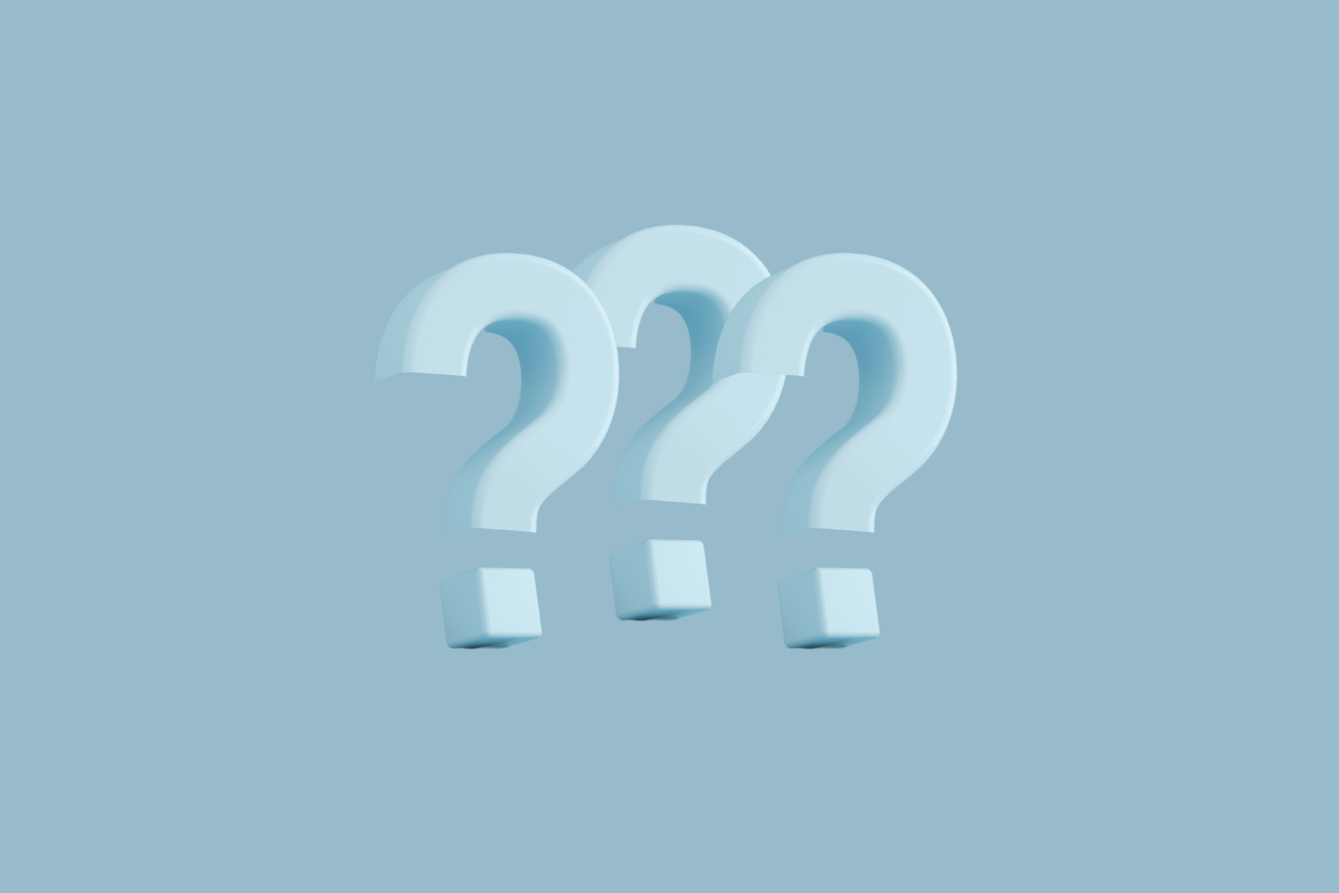 MR Images Three bold, 3D question marks on a blue background, symbolizing curiosity and clarity. Designed for the Mind Rejuvenation FAQs page, emphasizing mental wellness, answers, and support.