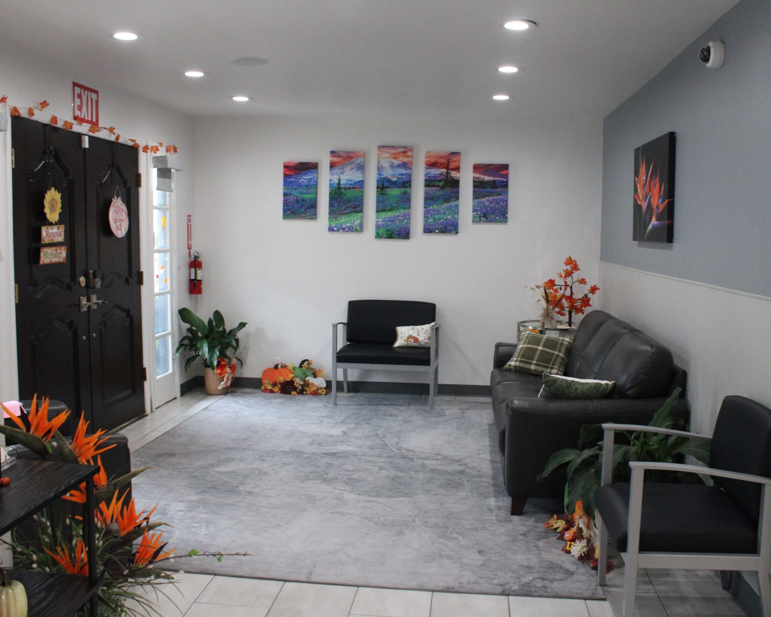 LobbyA Inviting lobby at Mind Rejuvenation, Tulsa’s leading mental wellness clinic—featuring plush leather seating, soft natural light, calming artwork, and serene décor that welcomes guests into a space of comfort, care, and elevated therapeutic experience.